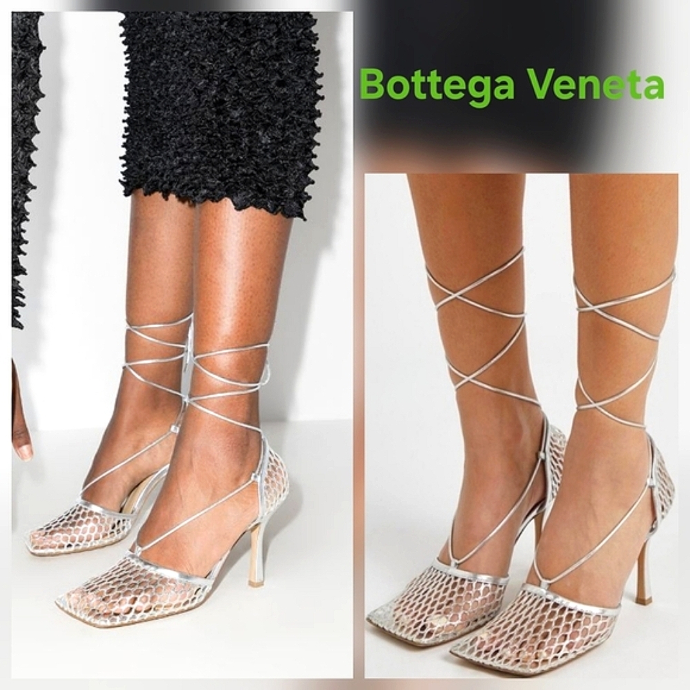 Bottega Veneta Mesh Metallic Nappa Stretch Ankle Tie Sandals Size 35